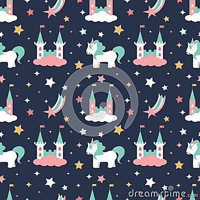 Cute vector seamless pattern with princesses, unicorns, stars and castles. Vector Illustration