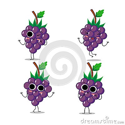 Cute vector set of grape fruit character in different action emotion. Collection of grape characters Vector Illustration