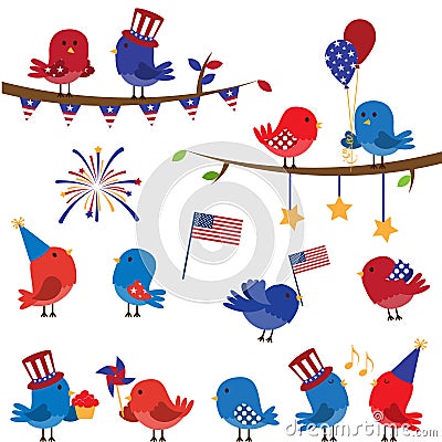 Cute Vector Set of Patriotic or Fourth of July Themed Birds Vector Illustration