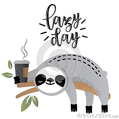 Cute vector sloth bear animal with coffee Vector Illustration