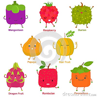 Cute vector of square shaped smiling fruit, vegetable with happy face - Star Fruit Raspberry Durian Dragon Fruit Persimmon Cartoon Illustration