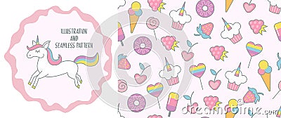 Cute vector unicorn illustration and seamless pattern Vector Illustration