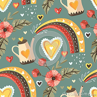 Cute vector watering can and rainbow floral seamless background. Vector Illustration