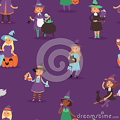 Cute vector Witch Halloween little girl harridan with broom with copper cartoon magic young witch woman dress character Vector Illustration