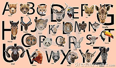 Cute vector zoo alphabet poster with low poly animals Vector Illustration