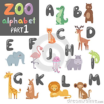 Cute vector zoo english alphabet with cartoon animals colorful illustration. Vector Illustration