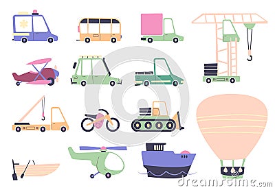 Cute vehicles. Cartoon colorful automobile and transport vehicles, funny kid and family cars transport, taxi bus pickup Vector Illustration