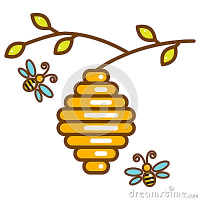 Cute vespiary with bees line isolated icon. Vector Illustration