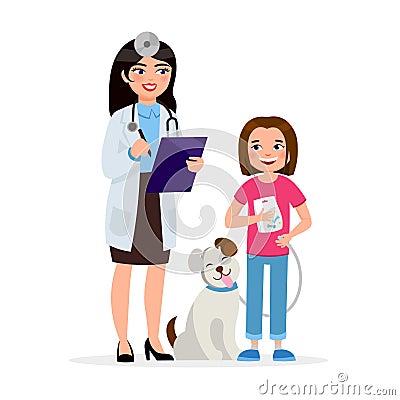 Cute Vet and happy dog with girl smiling cartoon characters isolated on white background. Vector illustration in flat Vector Illustration