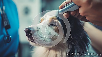 A cute veterinarian examines the dog, takes the temperature and takes tests at the clinic for diseases. Stock Photo