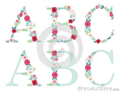 Cute vintage alphabet letters with hand drawn rustic flowers Vector Illustration