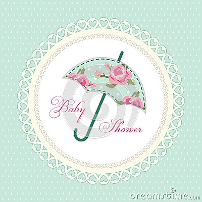 Cute vintage baby shower card with umbrella as fabric applique Vector Illustration