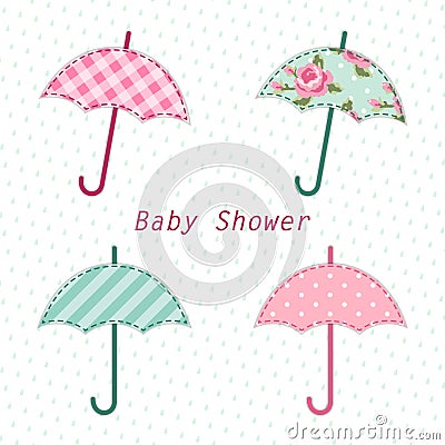 Cute vintage baby shower card with umbrella as fabric applique Vector Illustration