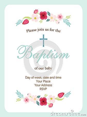 Cute vintage Baptism invitation card with hand drawn flowers Vector Illustration