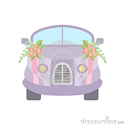 Cute Vintage Car Decorated with Flowers, Romantic Wedding Retro Auto, Front View Vector Illustration Vector Illustration