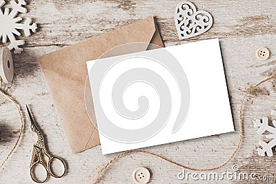 Cute vintage christmas new year gifts mock up on wooden background. Stock Photo