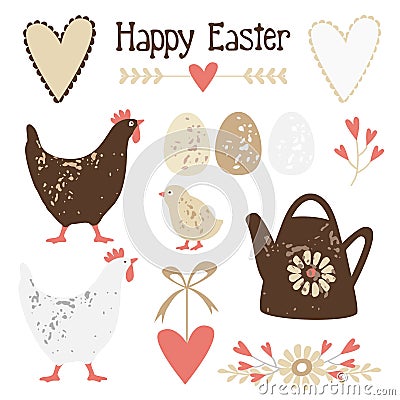 Cute vintage easter elements set Vector Illustration