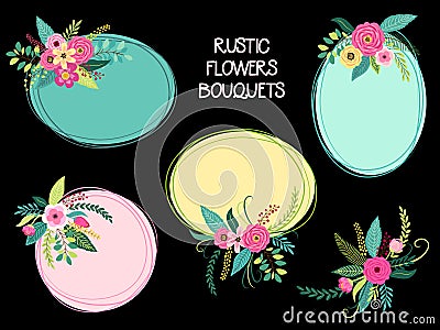 Cute vintage elements as rustic hand drawn first spring flowers bouquets Vector Illustration