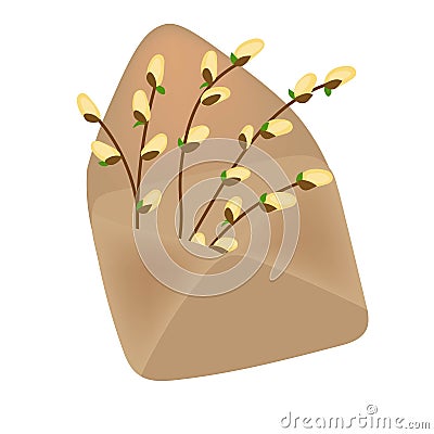 Cute vintage envelope with a bouquet of pussy willow. Bright festive template for Palm Sunday. Vector isolated on white background Vector Illustration