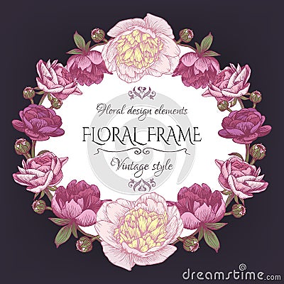 Cute vintage floral card with a frame of peonies and persian buttercup. Beautiful wreath in shabby chic style. Vector Illustration