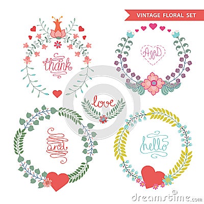 Cute vintage floral wreath set with hearts Vector Illustration