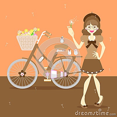 Cute vintage girl blowing dandelion with bicycle, flower, and bird in brown theme background Vector Illustration