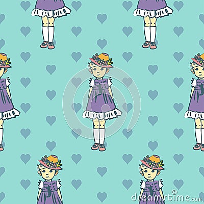 Cute vintage little girl vector repeat pattern with hearts Vector Illustration