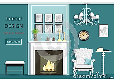 Cute vintage living room interior with furniture: cozy armchair, fireplace, chandelier, table. Flat style. Vector Illustration