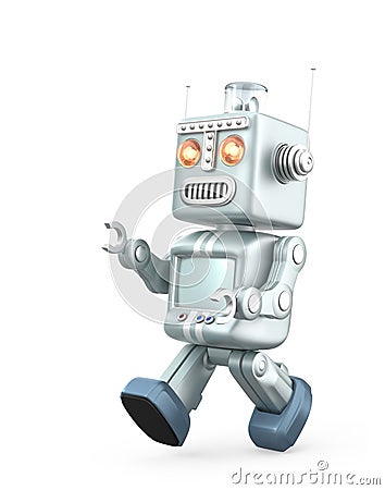 Cute vintage robot running. Isolated on white background Stock Photo