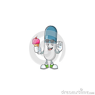 Cute vitamin pills cartoon character enjoying an ice cream Vector Illustration