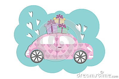 Cute volkswagen beetle style car with gift boxses Vector Illustration