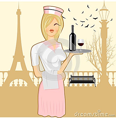 Cute waitress holding serving tray Vector Illustration