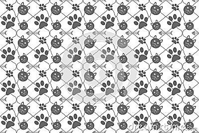 Cute wallpaper seamless pattern with white background with stripes, cartoon cat face pattern, gray herringbone footprints and Stock Photo