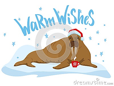 Cute walrus flat color illustration. Warm wishes handlettering inscription Cartoon Illustration