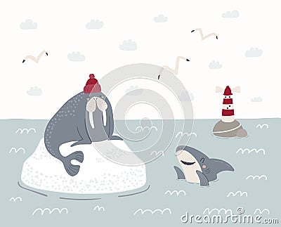 Cute walrus on iceberg, shark, lighthouse, gulls Vector Illustration