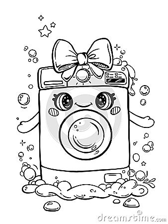 Cute washing machine with soap suds and bubbles. Cartoon character coloring book. Vector Illustration