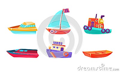 Cute Water Transport Set, Boat, Yacht, Ship, Submarine, Steamboat Vector Illustration Vector Illustration