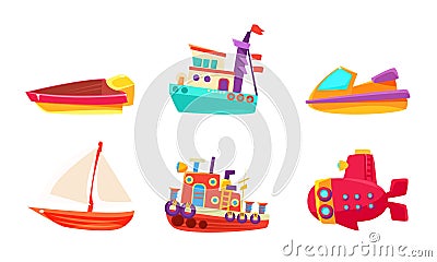 Cute Water Transport Set, Colorful Toy Boat, Yacht, Ship, Submarine, Steamboat Vector Illustration Vector Illustration