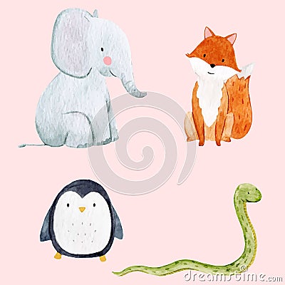 Cute watercolor animal vector set Vector Illustration