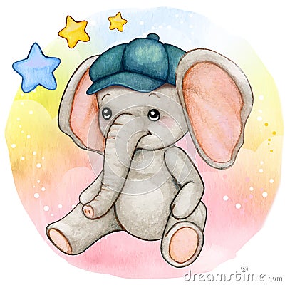 Cute watercolor baby boy elephant sitting with blue hat Vector Illustration