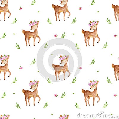 Cute watercolor baby deer animal seamless pattern, nursery isolated illustration for children clothing, patterns Cartoon Illustration