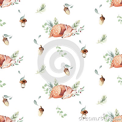 Cute watercolor baby deer animal seamless pattern, nursery isolated illustration for children clothing, patterns Cartoon Illustration