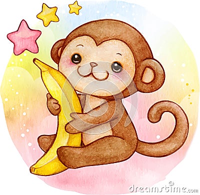 Cute watercolor baby monkey with banana sitting on raiinbow background Vector Illustration