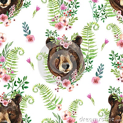 Cute watercolor bear portrait in floral wreath on wild flowers background Cartoon Illustration