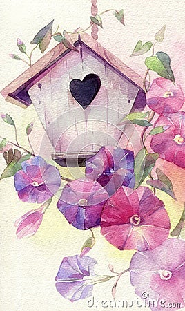 Cute watercolor birdhouse in the flowers. Cartoon Illustration