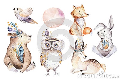 Cute watercolor bohemian baby cartoon rabbit and bear animal for kindergarten, woodland deer, fox and owl nursery Cartoon Illustration