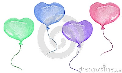 Cute watercolor bright pink, purple, green and blue air balloons in heart shape with black waving twine Stock Photo