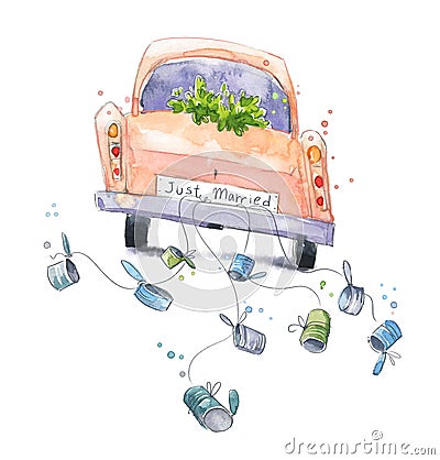 Cute watercolor car with just married sign on a wedding travel Stock Photo