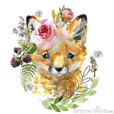 Cute watercolor cartoon fox. forest animal illustration. Cartoon Illustration