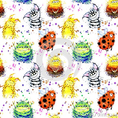 Watercolor cartoon monster seamless pattern Stock Photo